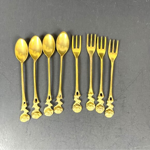 Brass Demitasse Coffee Spoon Dessert Salad Fork Gold Tone Rose Handle Set 4 VTG - Picture 13 of 13